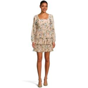 Madden NYC Beige Pink Blue Floral Smocked Peasant Tiered Mini Lined Dress, XXL